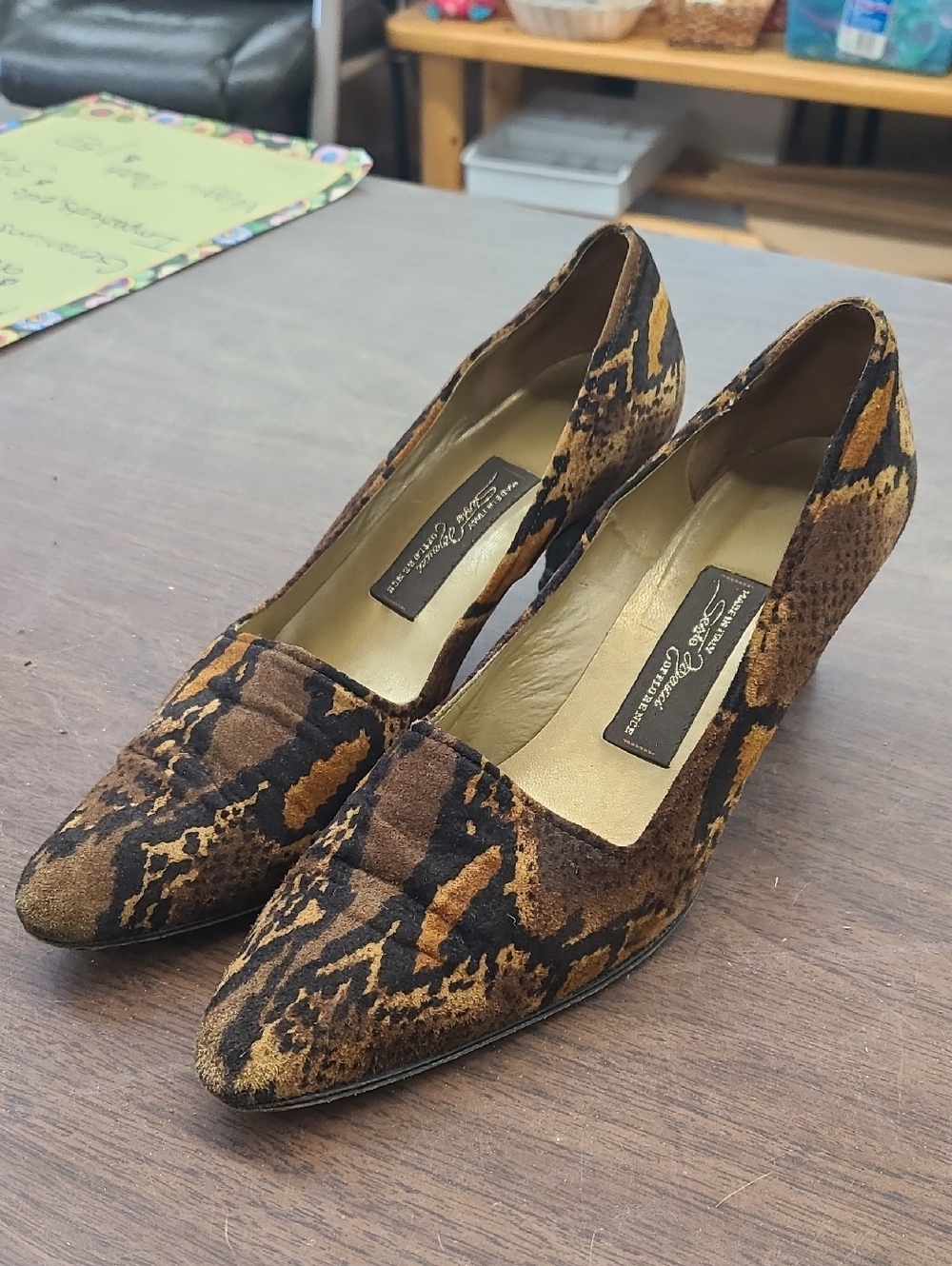 Vintage Italian Brown Snake Print Pointed Toe Pumps